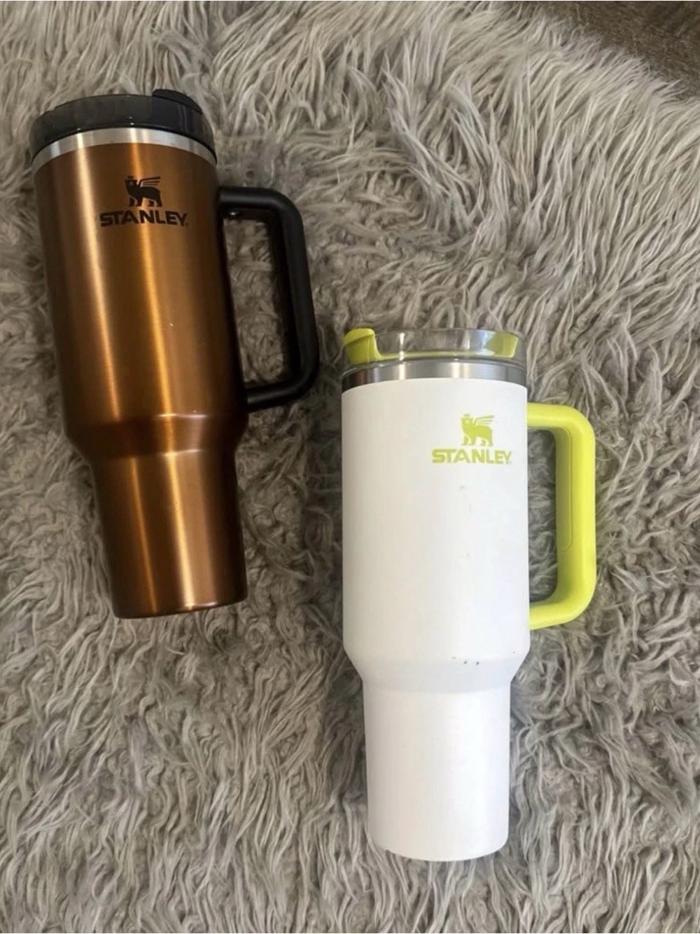 Stanley Bronze and White Travel Mugs with Lime Accents